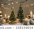A Christmas tree in new year cozy home interior decorations. Garlands and bokeh burning candle. A Christmas tree in new year cozy home interior decorations. Garlands and bokeh burning candle. 108334654