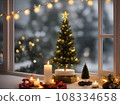 A Christmas tree in new year cozy home interior window view. A Christmas tree in new year cozy home interior window view. 108334658