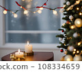 A Christmas tree in new year cozy home interior window view. A Christmas tree in new year cozy home interior window view. 108334659