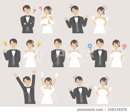 Wedding illustration, upper body bride and groom, facial expression variation set 108334976