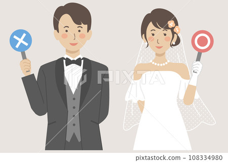 婚禮插圖，新娘和新郎拿著圓圈和十字標籤 108334980