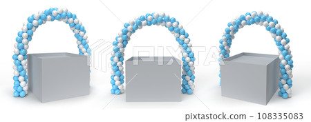 3d rendering of Arch Balloons Isolated.,White and Blue Balloons in Shape of Arc., white and blue balloon arc portal wrapper product display. 3d rendering of Arch Balloons Isolated.,White and Blue Balloons in Shape of Arc., white and blue balloon arc portal wrapper product display. 108335083