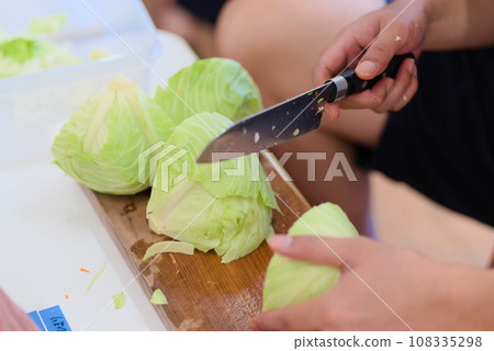 Cabbage being cut with a knife 108335298