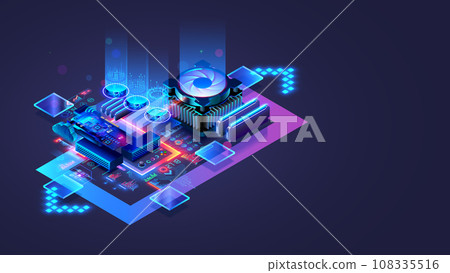 CPU. Abstract digital chip computer processor and electronic components on motherboard or circuit board. Technology develop electronic devices on microchip or microprocessor, hardware engineering. AI. CPU. Abstract digital chip computer processor and electronic components on motherboard or circuit board. Technology develop electronic devices on microchip or microprocessor, hardware engineering. AI. 108335516