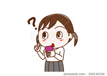 (Upper body diagonal) A female student holding a smartphone and trying to remember something completely confused (Upper body diagonal) A female student holding a smartphone and trying to remember something completely confused 108336100