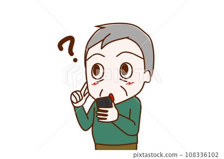 (Upper body diagonal) An elderly man holding a smartphone and having trouble remembering everything (Upper body diagonal) An elderly man holding a smartphone and having trouble remembering everything 108336102