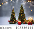A Christmas tree in new year decorations. Garlands and bokeh burning candle. A Christmas tree in new year decorations. Garlands and bokeh burning candle. 108336144