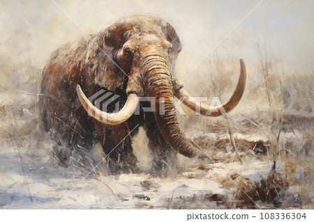Image of a mammoth with long and large tusks., Wildlife., Ancient animals. Image of a mammoth with long and large tusks., Wildlife., Ancient animals. 108336304