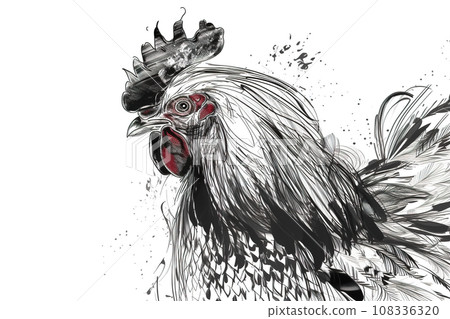 Image of line drawing of a rooster with ink on a white background. Farm animals. Image of line drawing of a rooster with ink on a white background. Farm animals. 108336320