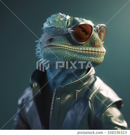 Image of stylish cool chameleon wearing sunglasses as fashion and wore a leather jacket. Modern fashion, Animals, Illustration, Generative AI. Image of stylish cool chameleon wearing sunglasses as fashion and wore a leather jacket. Modern fashion, Animals, Illustration, Generative AI. 108336323