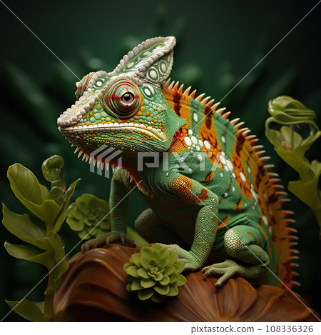 Image of green chameleon on branch in forest. Reptile. Animals. 108336326