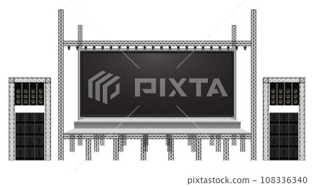 red stage and speaker with led screen on the truss system on the white background	 108336340