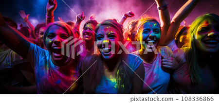 Happy youth dance and have fun at the Holi festival. Nightlife of active youth. Party and entertainment concept. Banner Happy youth dance and have fun at the Holi festival. Nightlife of active youth. Party and entertainment concept. Banner 108336866