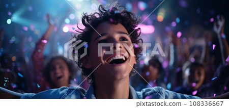 Happy teenager dancing and having fun in a disco bar in neon lights. Nightlife of active youth. Party and entertainment concept Happy teenager dancing and having fun in a disco bar in neon lights. Nightlife of active youth. Party and entertainment concept 108336867