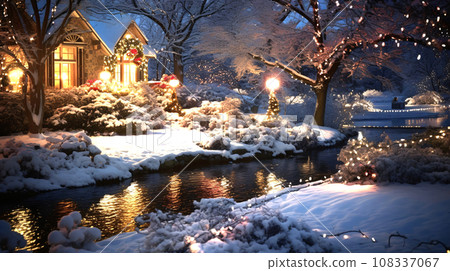 Winter illumination, snowy garden decorated with electric lights, AI generated image 108337067