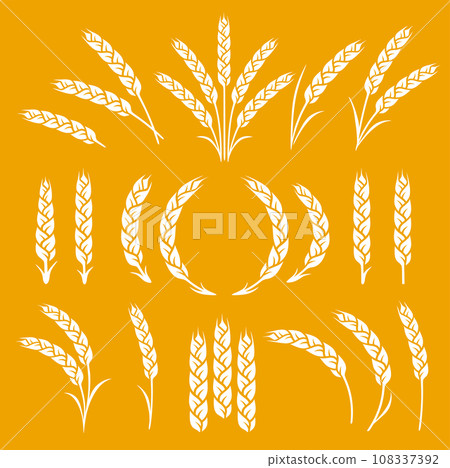 Hand drawn wheat ears, oats, rye grain spikes with leaves set icons silhouette 108337392
