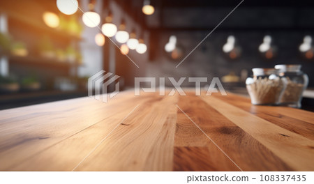 wooden countertop with a tableware on the background of the dark grey kitchen interior wooden countertop with a tableware on the background of the dark grey kitchen interior 108337435