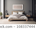 Comfortable bedroom interior with a white frame mockup on the wall and a cozy bed, creating a perfect atmosphere for relaxation. AI Generative. 108337444