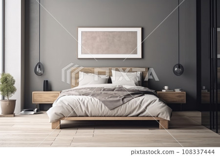 Comfortable bedroom interior with a white frame mockup on the wall and a cozy bed, creating a perfect atmosphere for relaxation. AI Generative. 108337444