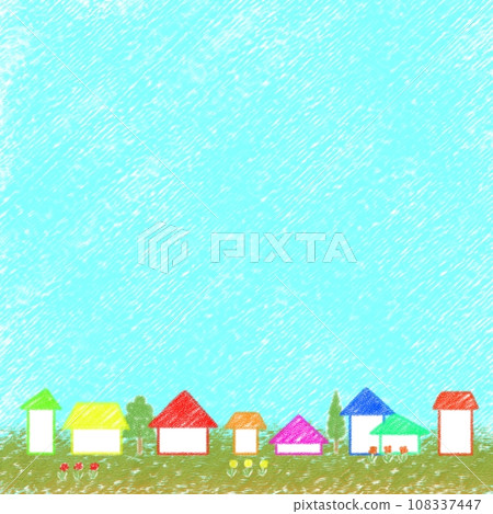Crayon art of a lush residential area and blue sky [1:1] 108337447