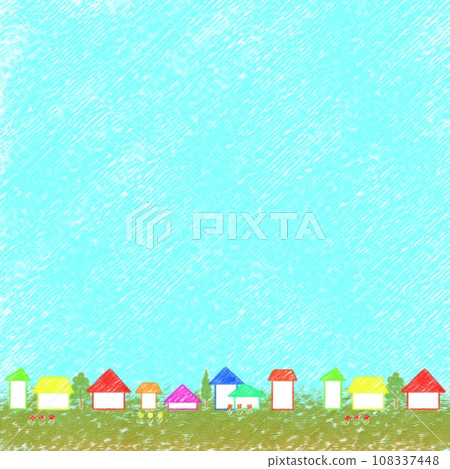Crayon art of a lush residential area and blue sky [1:1] 108337448