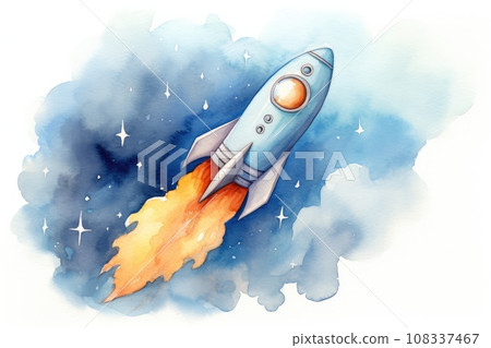 watercolor rocket in outer space on a white background. watercolor rocket in outer space on a white background. 108337467