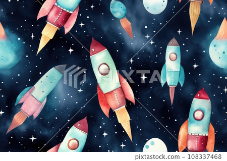 Seamless pattern of watercolor rockets in outer space on a blue background Seamless pattern of watercolor rockets in outer space on a blue background 108337468