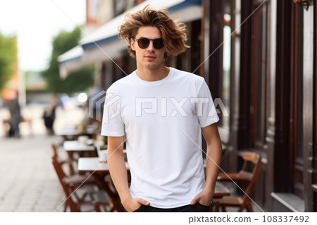 White blank t shirt mock up. Men in cafe White blank t shirt mock up. Men in cafe 108337492