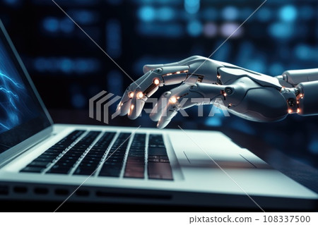 hand of Futuristic robot press the button on keyboard. Conceptual technology design. hand of Futuristic robot press the button on keyboard. Conceptual technology design. 108337500