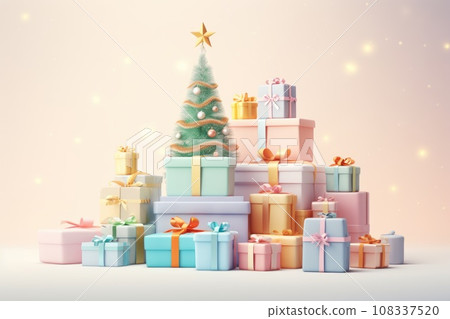Christmas background with fir tree and gifts in soft pastel colors. Christmas background with fir tree and gifts in soft pastel colors. 108337520