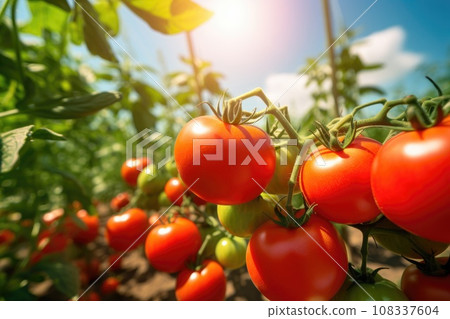 tomatoes grow in the vegetable garden in sunny day. 108337604