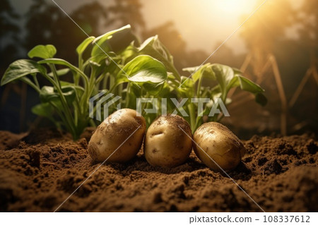 Potato harvest in the vegetable garden in sunny day. Potato harvest in the vegetable garden in sunny day. 108337612