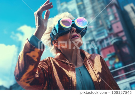 Elderly woman wearing virtual reality glasses. Blue futuristic background. Elderly woman wearing virtual reality glasses. Blue futuristic background. 108337845