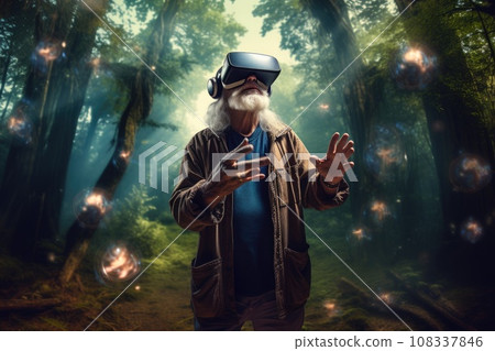 Elderly man wearing virtual reality glasses on forest background 108337846