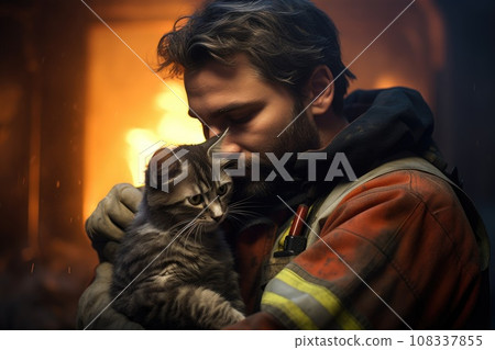 A heroic firefighter saved a cat from fire. Fire on background. A heroic firefighter saved a cat from fire. Fire on background. 108337855