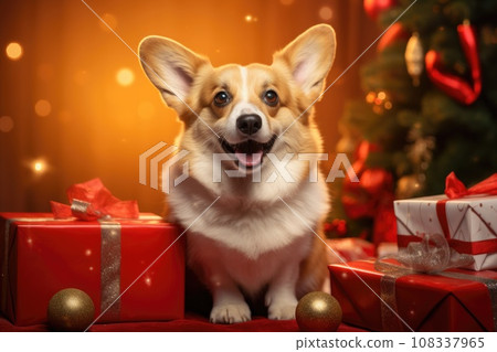 Christmas corgi dog wearing santa hat with gift boxes on bokeh background Christmas corgi dog wearing santa hat with gift boxes on bokeh background 108337965
