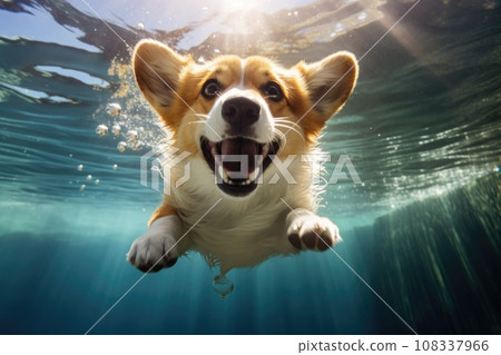 Cute dog corgi swimming under the water. Cute dog corgi swimming under the water. 108337966