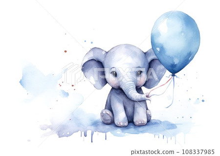 cartoon watercolor elephant character with balloons on white background 108337985