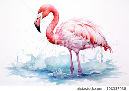 cartoon watercolor flamingo character on white background 108337986