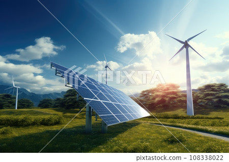 Solar panels and windmill generating electricity in power station. Green energy in nature 108338022