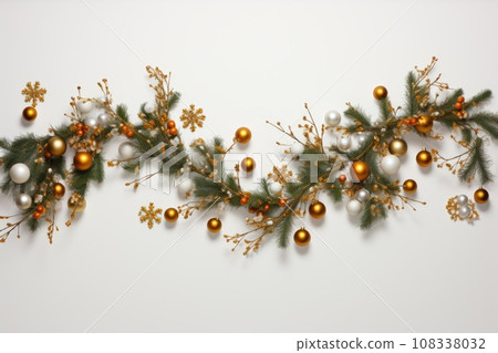Banner of decorative christmas tree branches with cones and balls 108338032