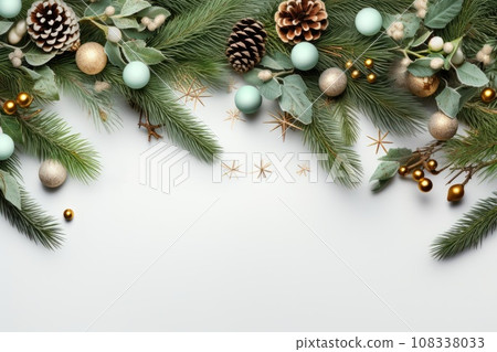 Banner of decorative christmas tree branches with cones and balls Banner of decorative christmas tree branches with cones and balls 108338033