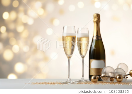 Light festive glass and bottle of champagne on bokeh background 108338235