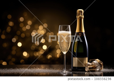 Dark festive glass and bottle of champagne on bokeh background Dark festive glass and bottle of champagne on bokeh background 108338236