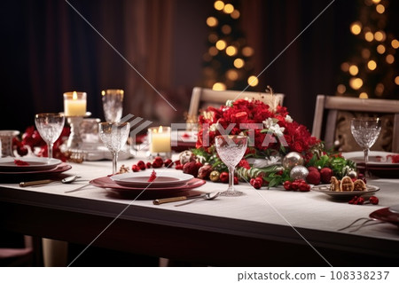 Festive christmas table setting for party. Dark and luxury. christmas tree Festive christmas table setting for party. Dark and luxury. christmas tree 108338237