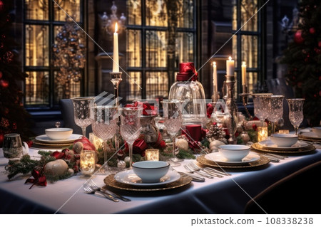Festive christmas table setting for party. Dark and luxury. christmas tree Festive christmas table setting for party. Dark and luxury. christmas tree 108338238