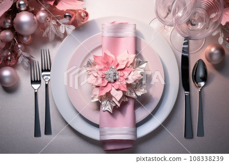 Christmas table setting with dishware, silverware and decorations on festive table. Top view. Christmas table setting with dishware, silverware and decorations on festive table. Top view. 108338239
