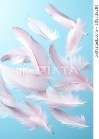 white feathers fly in the air on blue pastel background 108338293