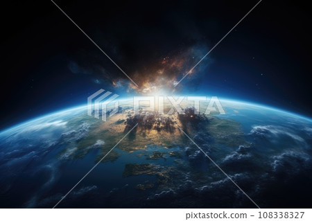 Illustration of planet Earth with light and clouds in outer space Illustration of planet Earth with light and clouds in outer space 108338327