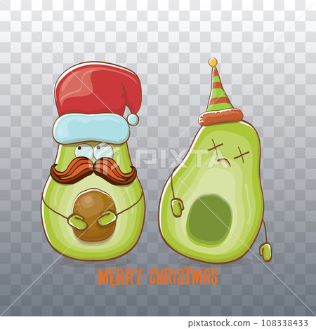 Merry chirstmas vector funky greeting card with with santa claus avocado character and his elf friend on transparent background. Vector funny christmas party poster design template Merry chirstmas vector funky greeting card with with santa claus avocado character and his elf friend on transparent background. Vector funny christmas party poster design template 108338433